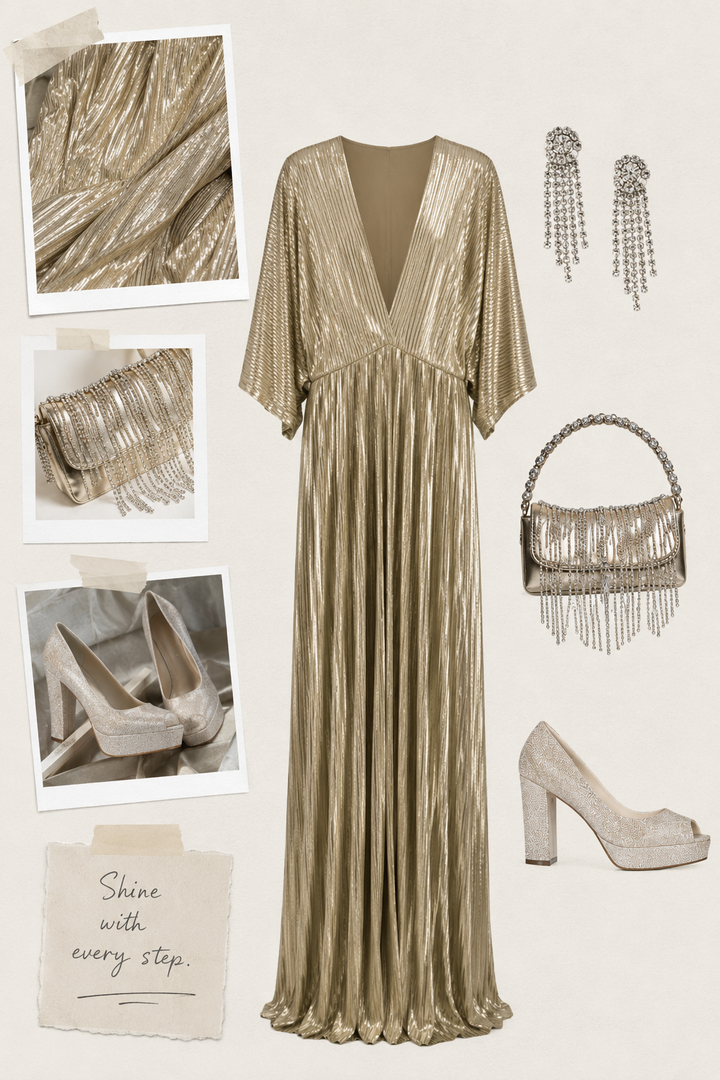Gold Metallic Pleated Maxi Dress