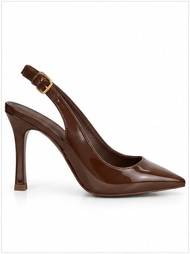Women’s Brown Patent Slingback Pumps with Pointed Toe