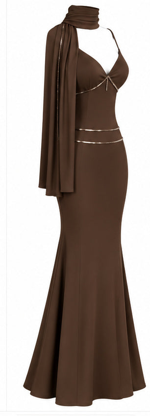 Women's Chocolate Brown Mermaid Maxi Dress with Sequin Details; Draped Scarf