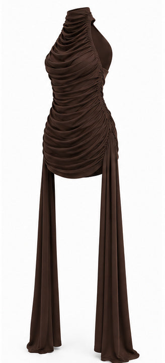 Chocolate Brown Ruched Halter Mini Dress
