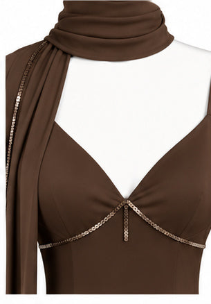 Women's Chocolate Brown Mermaid Maxi Dress with Sequin Details; Draped Scarf