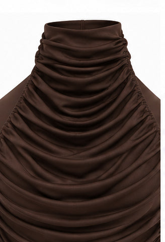 Chocolate Brown Ruched Halter Mini Dress