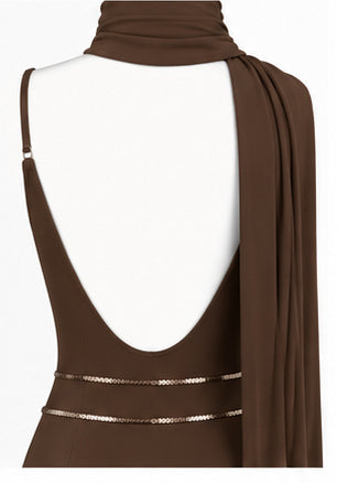 Women's Chocolate Brown Mermaid Maxi Dress with Sequin Details; Draped Scarf