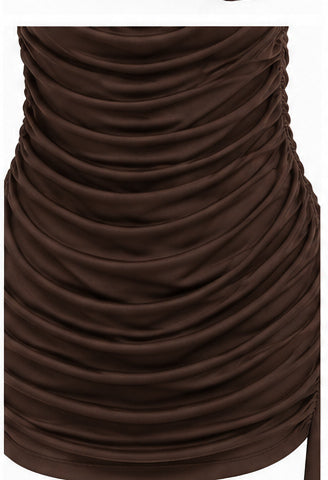 Chocolate Brown Ruched Halter Mini Dress