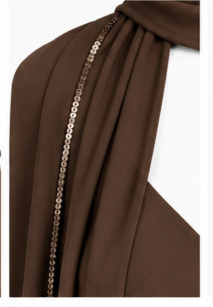 Women's Chocolate Brown Mermaid Maxi Dress with Sequin Details; Draped Scarf