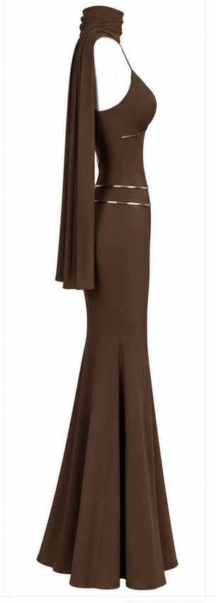 Women's Chocolate Brown Mermaid Maxi Dress with Sequin Details; Draped Scarf