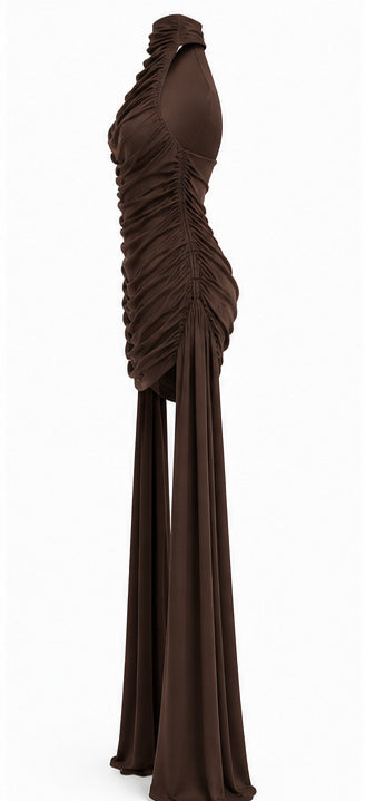 Chocolate Brown Ruched Halter Mini Dress
