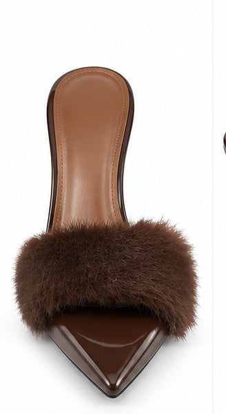 Women’s Brown Faux Fur High-Heel Mules