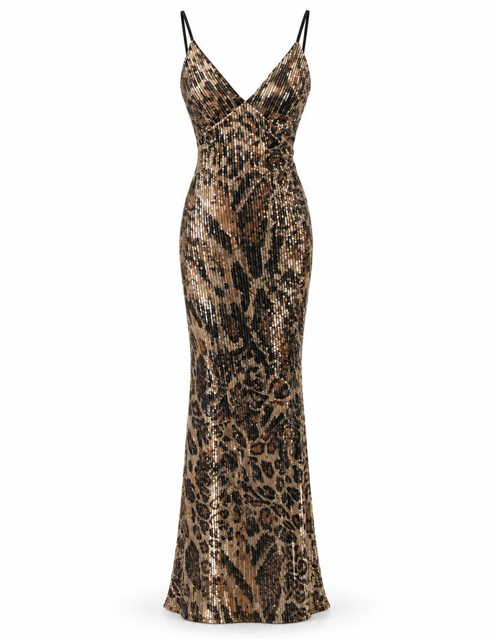 Women's Leopard Print Sequin Maxi Dress – Gold  Black Evening Gown