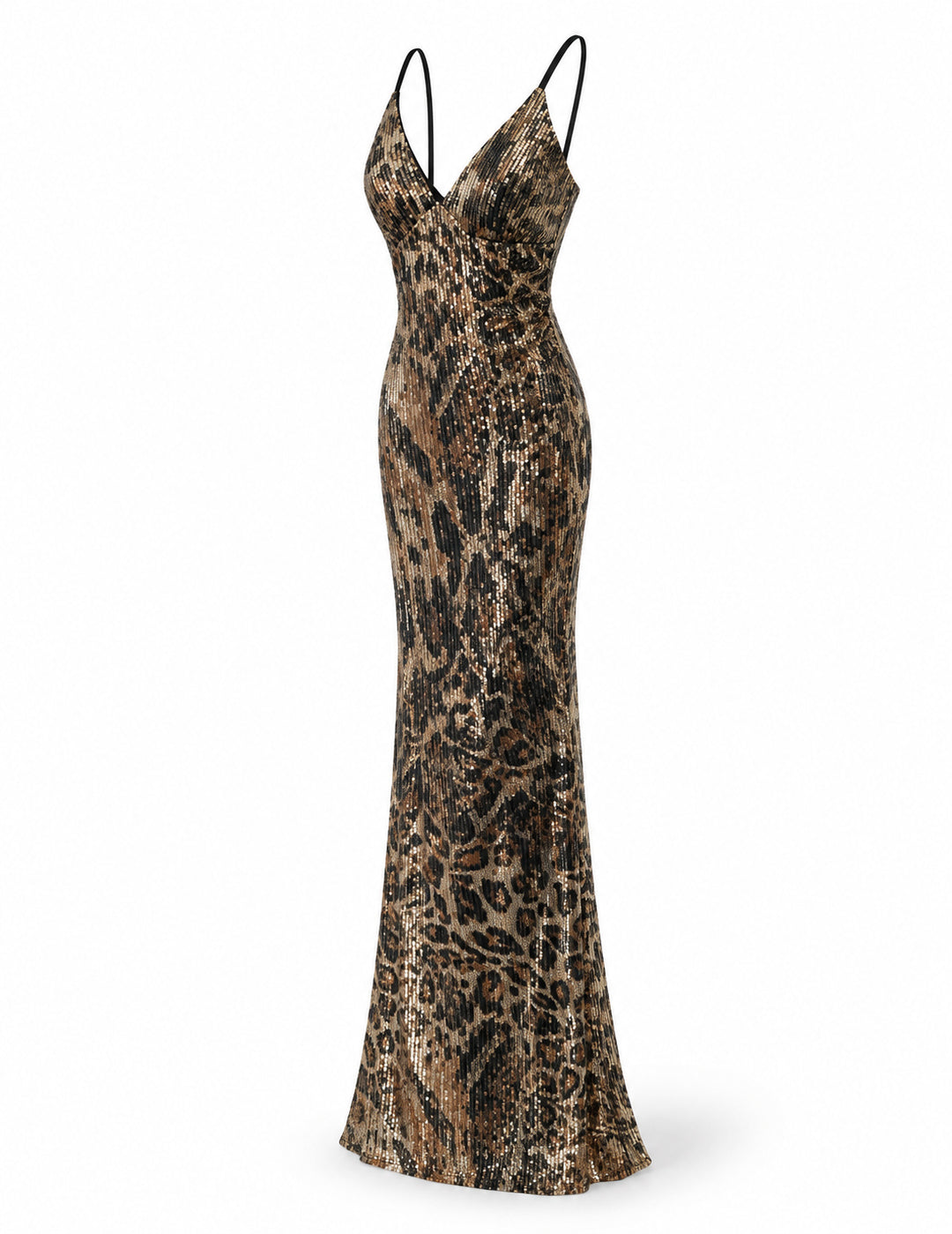 Women's Leopard Print Sequin Maxi Dress – Gold  Black Evening Gown
