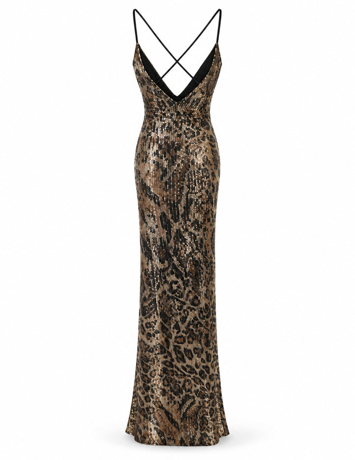 Women's Leopard Print Sequin Maxi Dress – Gold  Black Evening Gown