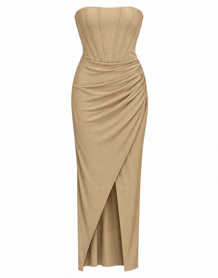 Women’s Champagne Beige Strapless Corset Maxi Dress with Rhinestone Details
