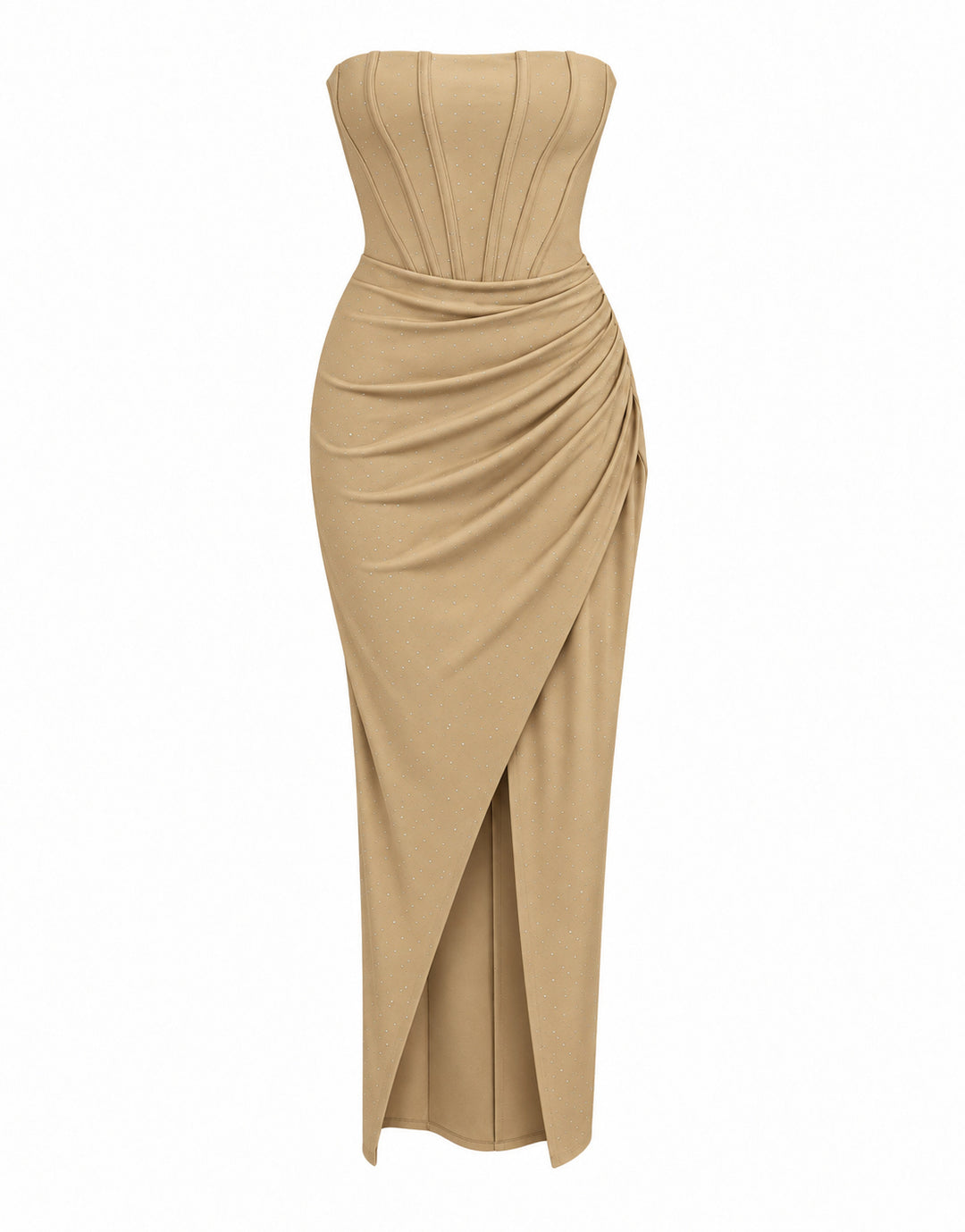 Women’s Champagne Beige Strapless Corset Maxi Dress with Rhinestone Details