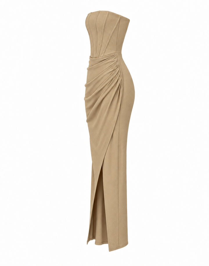 Women’s Champagne Beige Strapless Corset Maxi Dress with Rhinestone Details