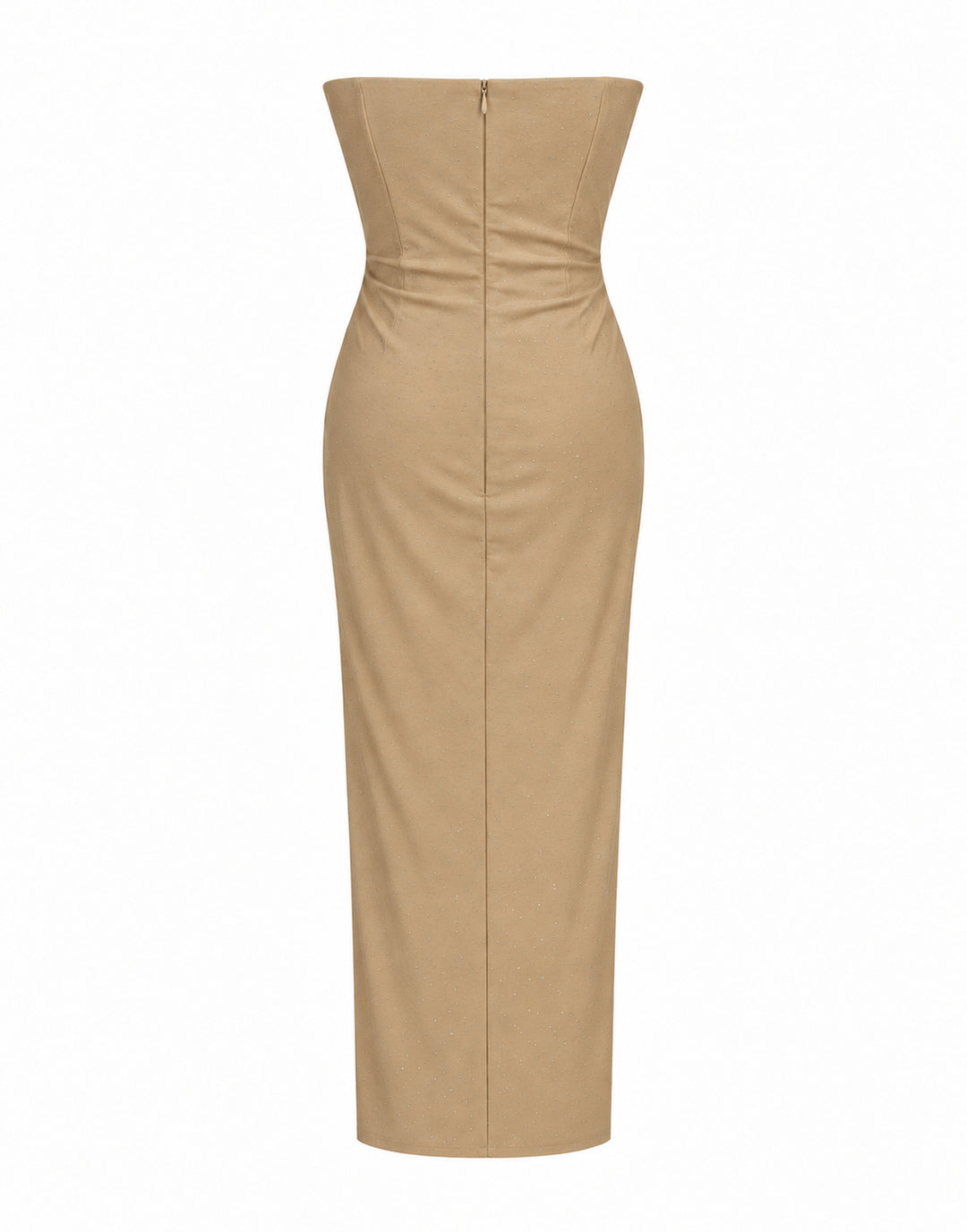 Women’s Champagne Beige Strapless Corset Maxi Dress with Rhinestone Details