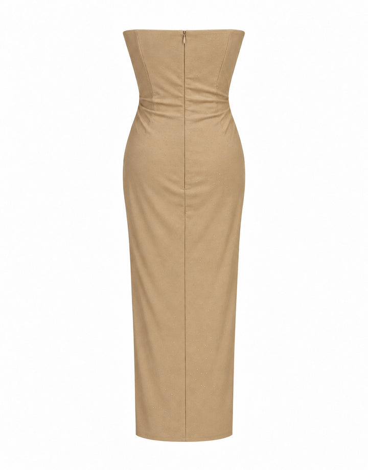 Women’s Champagne Beige Strapless Corset Maxi Dress with Rhinestone Details