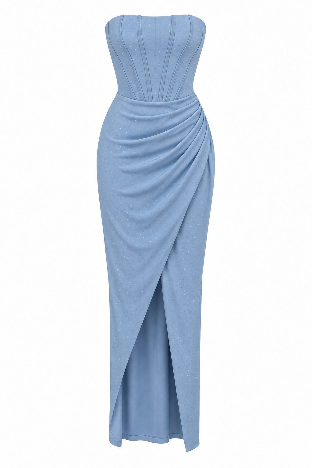 Women’s Baby Blue Strapless Corset Maxi Dress with Rhinestone Details