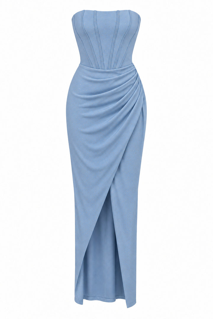 Women’s Baby Blue Strapless Corset Maxi Dress with Rhinestone Details