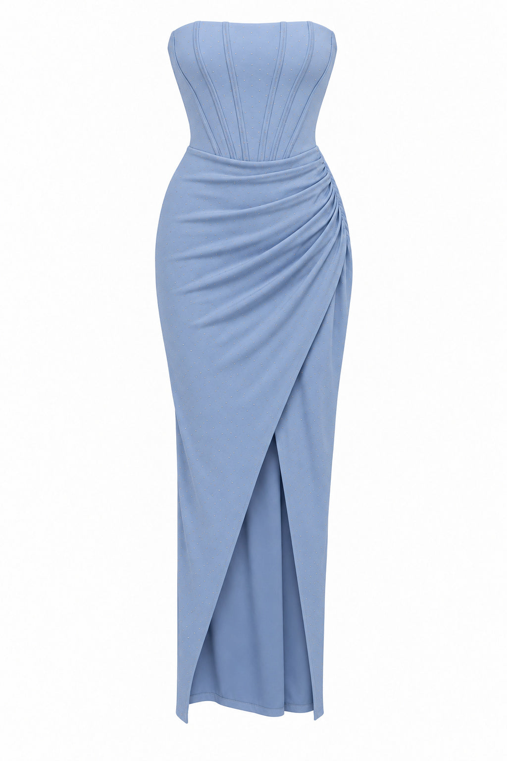 Women’s Baby Blue Strapless Corset Maxi Dress with Rhinestone Details