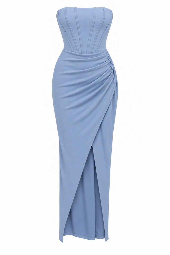 Women’s Baby Blue Strapless Corset Maxi Dress with Rhinestone Details