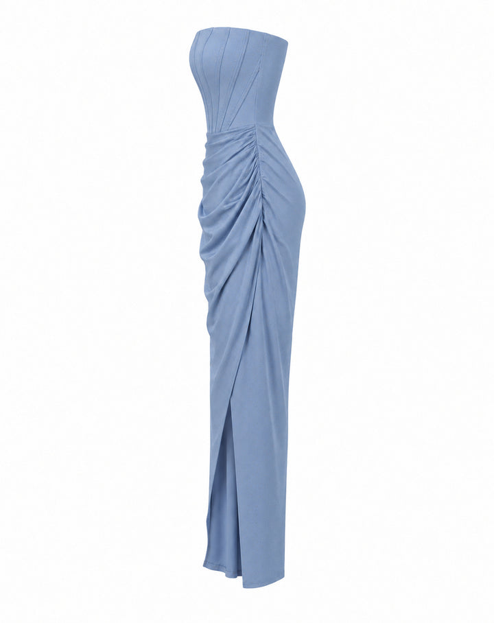 Women’s Baby Blue Strapless Corset Maxi Dress with Rhinestone Details
