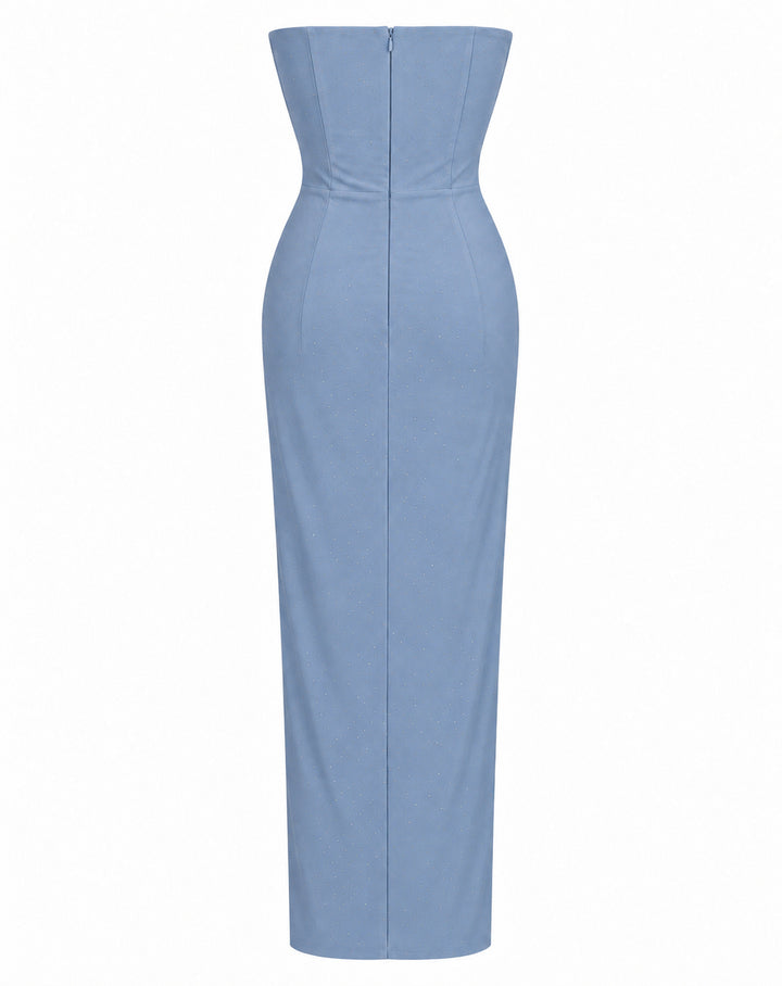 Women’s Baby Blue Strapless Corset Maxi Dress with Rhinestone Details