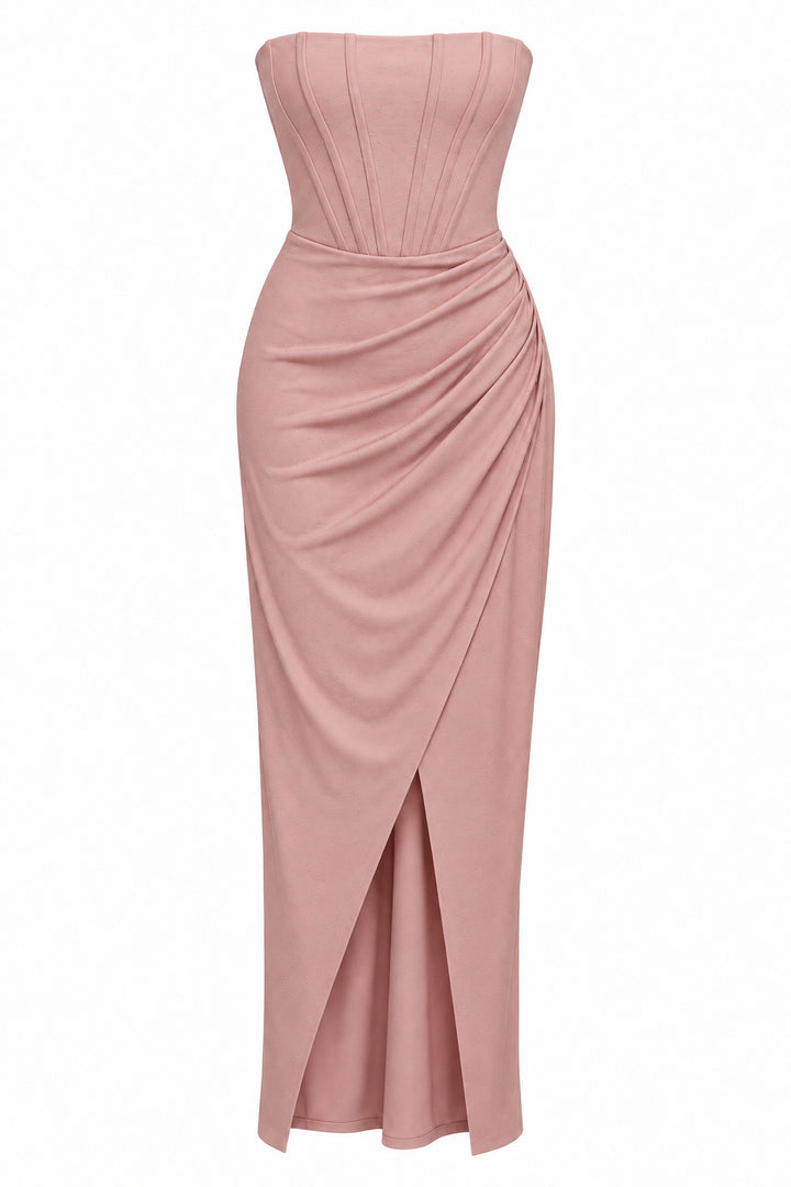Women’s Dusty Pink Strapless Corset Maxi Dress with Rhinestone Details
