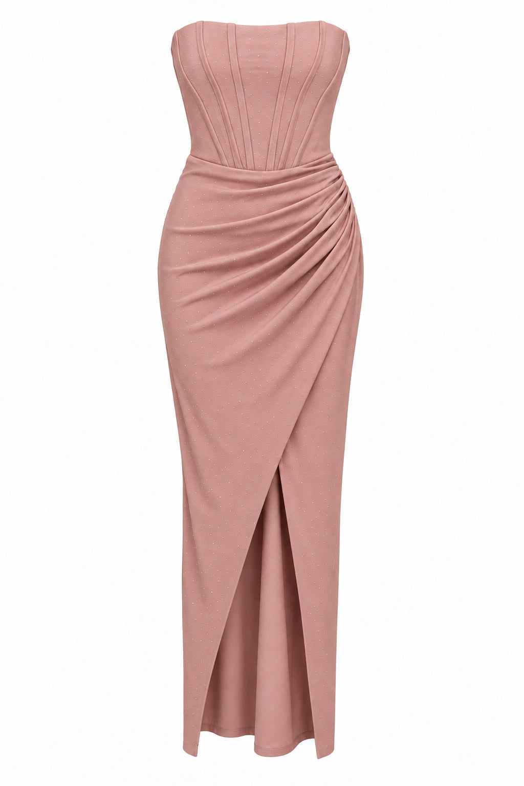 Women’s Dusty Pink Strapless Corset Maxi Dress with Rhinestone Details