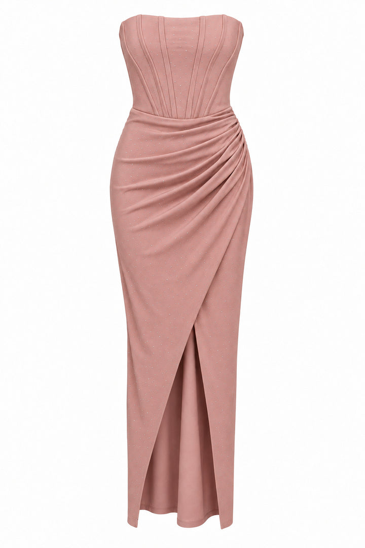 Women’s Dusty Pink Strapless Corset Maxi Dress with Rhinestone Details