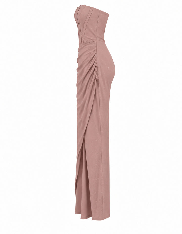 Women’s Dusty Pink Strapless Corset Maxi Dress with Rhinestone Details