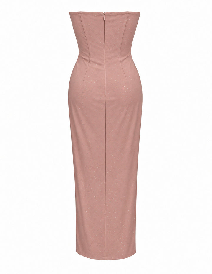 Women’s Dusty Pink Strapless Corset Maxi Dress with Rhinestone Details