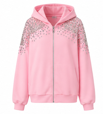 Pink Rhinestone Embellished Zip-Up Hoodie