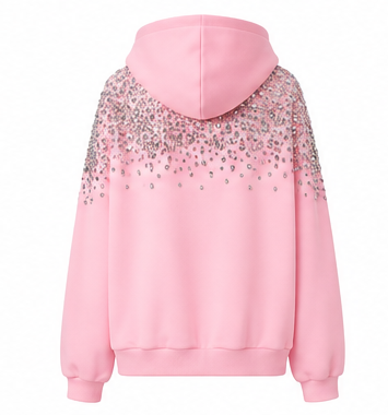 Pink Rhinestone Embellished Zip-Up Hoodie