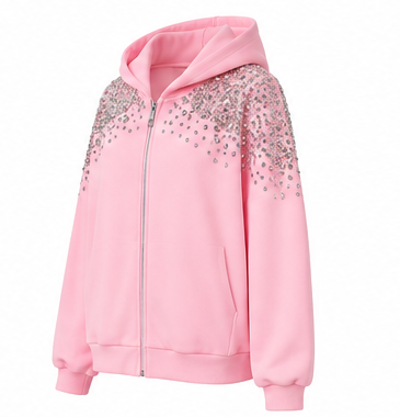 Pink Rhinestone Embellished Zip-Up Hoodie