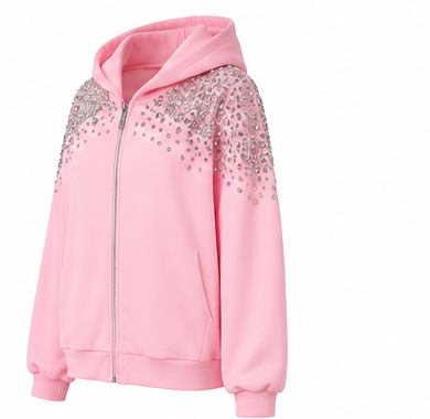 Pink Rhinestone Embellished Zip-Up Hoodie