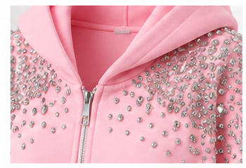 Pink Rhinestone Embellished Zip-Up Hoodie