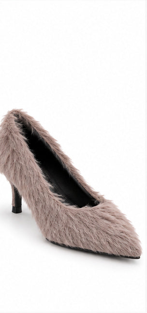 Taupe Faux Fur Pointed-Toe Slingback Heels