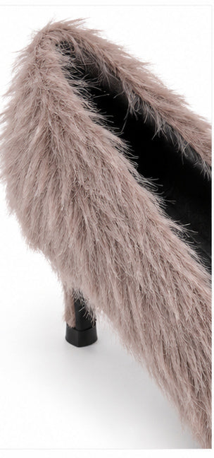 Taupe Faux Fur Pointed-Toe Slingback Heels