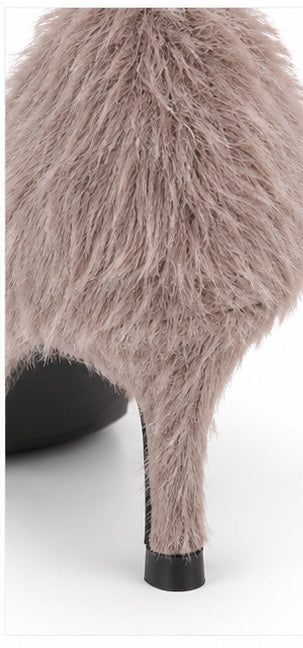 Taupe Faux Fur Pointed-Toe Slingback Heels