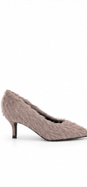 Taupe Faux Fur Pointed-Toe Slingback Heels