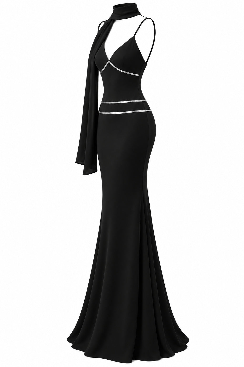 Women's Black Mermaid Maxi Dress with Silver Sequin Details and Draped Scarf