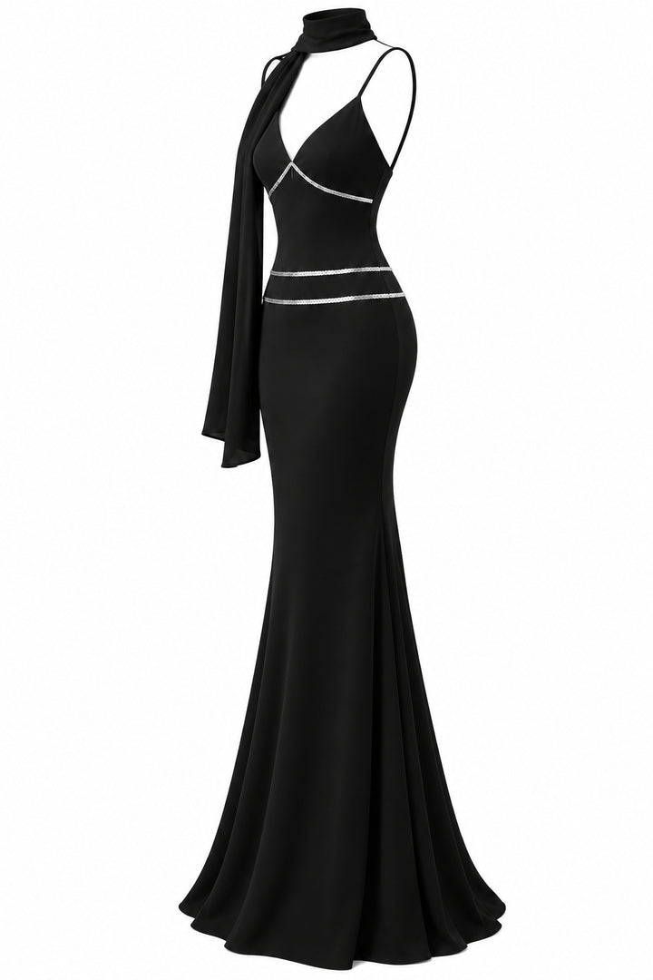 Women's Black Mermaid Maxi Dress with Silver Sequin Details and Draped Scarf