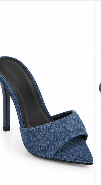 Women’s Blue Denim High-Heel Mules with Pointed Toe