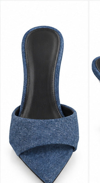 Women’s Blue Denim High-Heel Mules with Pointed Toe
