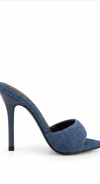 Women’s Blue Denim High-Heel Mules with Pointed Toe