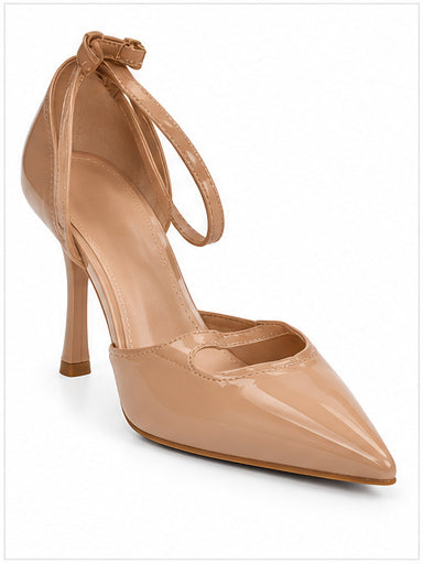 Women’s Nude Patent Pointed-Toe Pumps with Ankle Strap