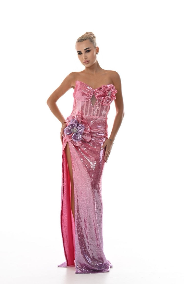 3D Floral Sequin Gown in Pink