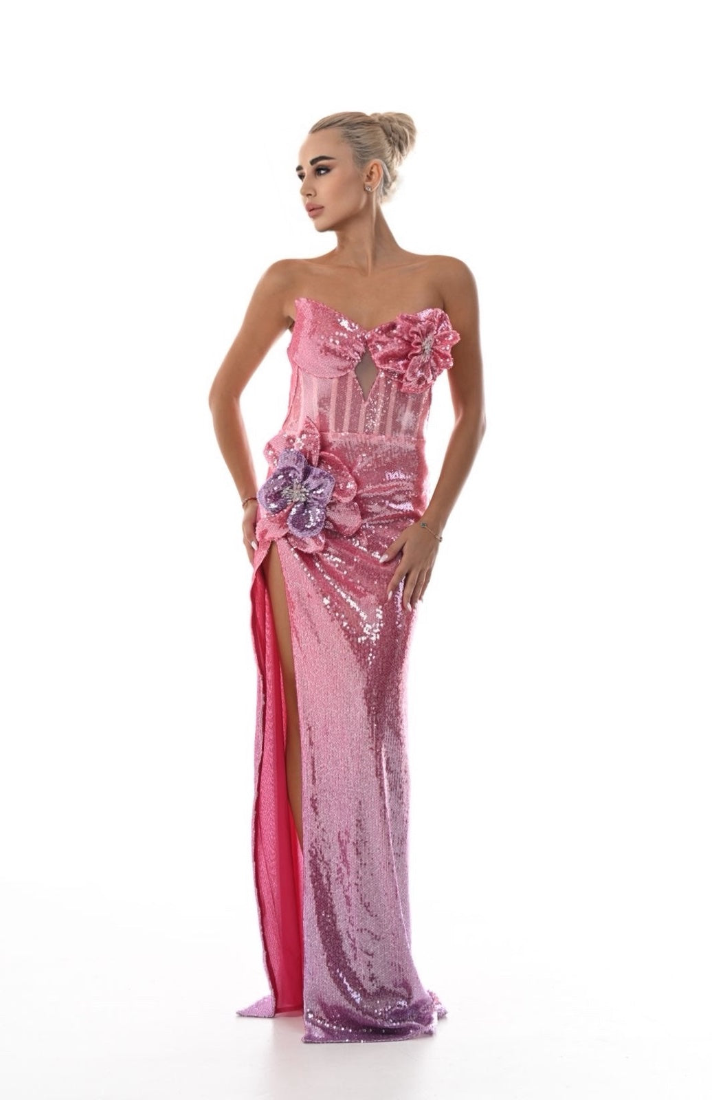 3D Floral Sequin Gown in Pink