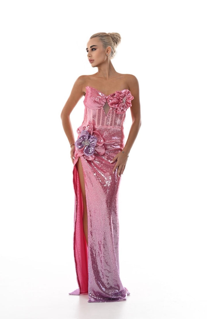 3D Floral Sequin Gown in Pink