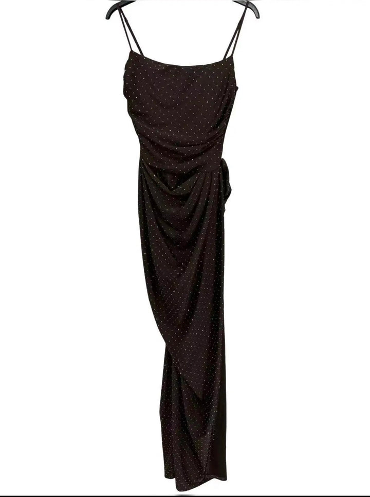 Women’s Burgundy Ruched Maxi Dress with Sparkling Details